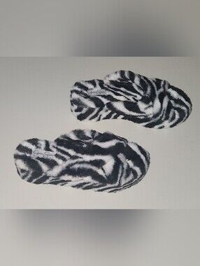 Jessica Simpson Black and White Zebra Faux Fur Slide Slippers Size 8